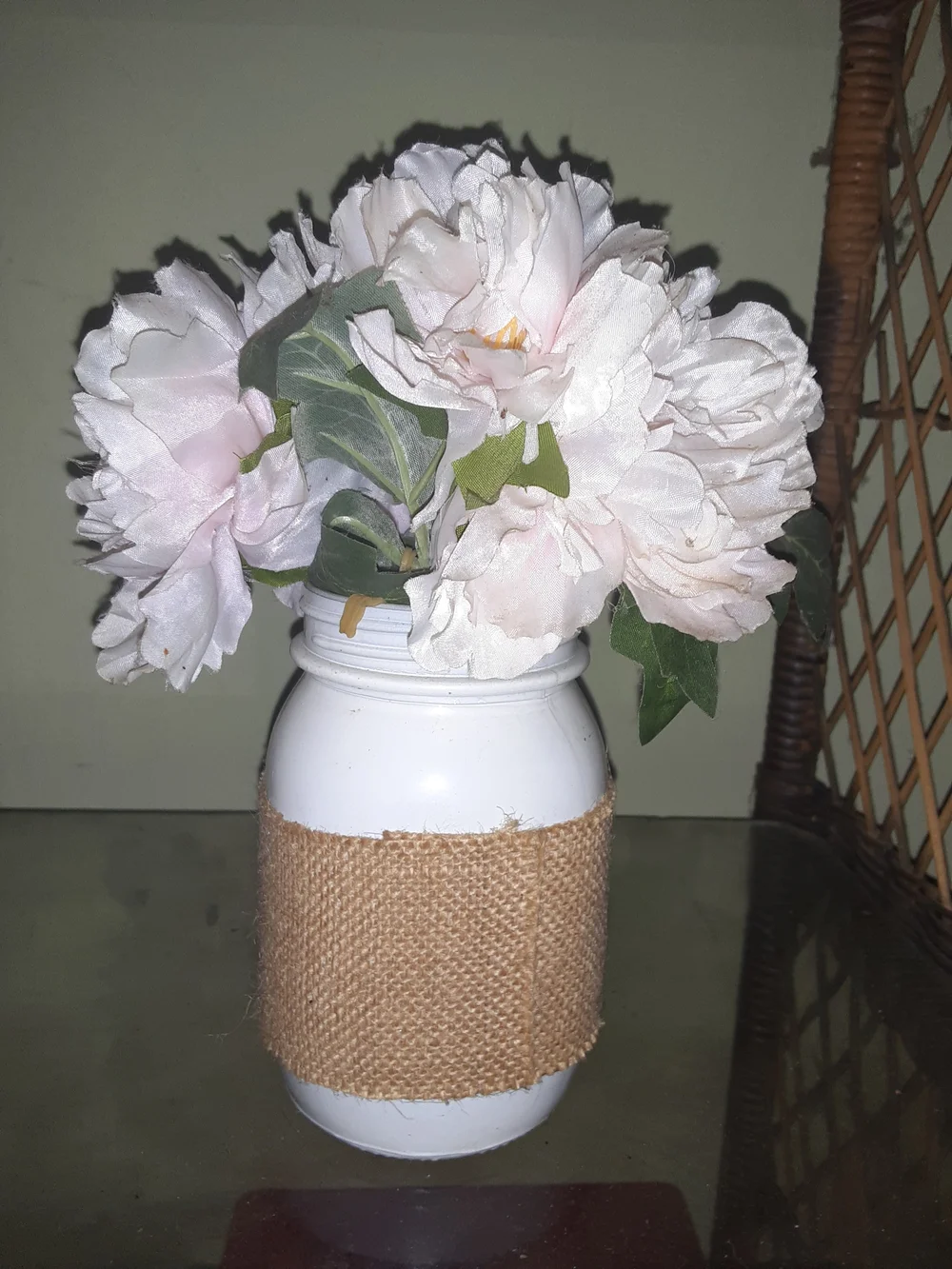 Neutral White Mason Jar Vase with 'Blessed' Burlap Band and Light Pink Flowers